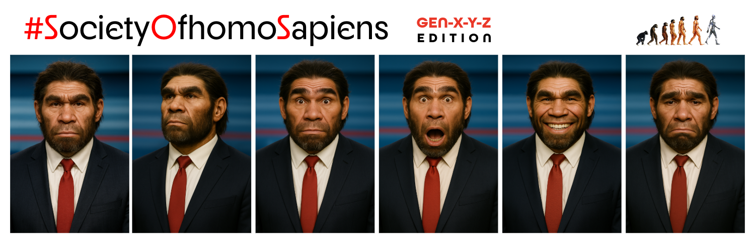 Society of Homo Sapiens Gen-Z Edition banner showing expressive human portraits and an evolution sequence